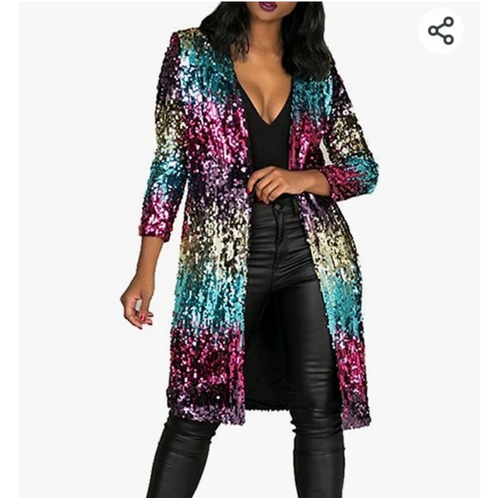 Long Sleeve Sequin Open Front, Single Button Duster Cardigan Cover-up Jacket
